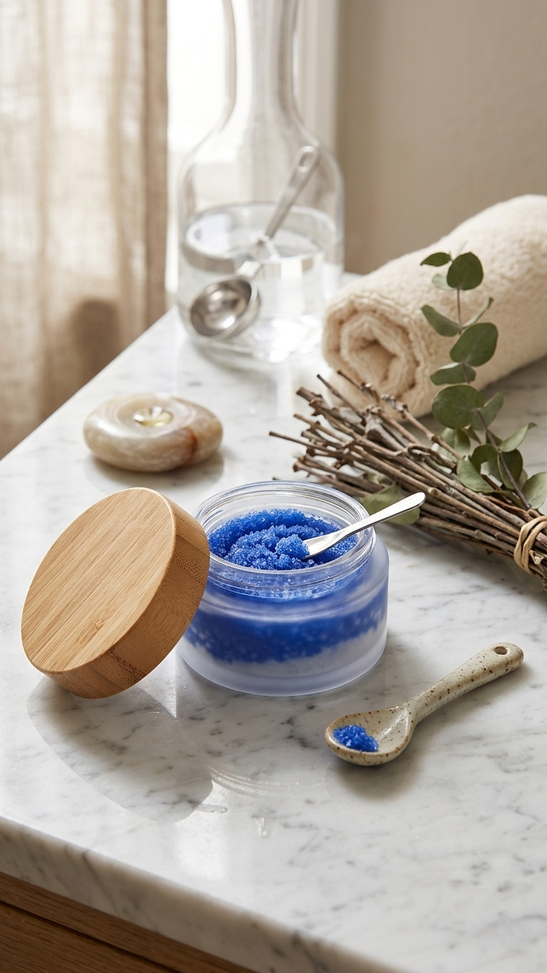 Gommage Pure Nila : L’Éclat Bleu dans un Écrin de Verre.       250g